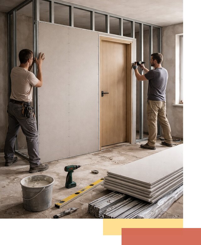 Перегородка из гипсокартона с дверью под ключ в Кунгуре