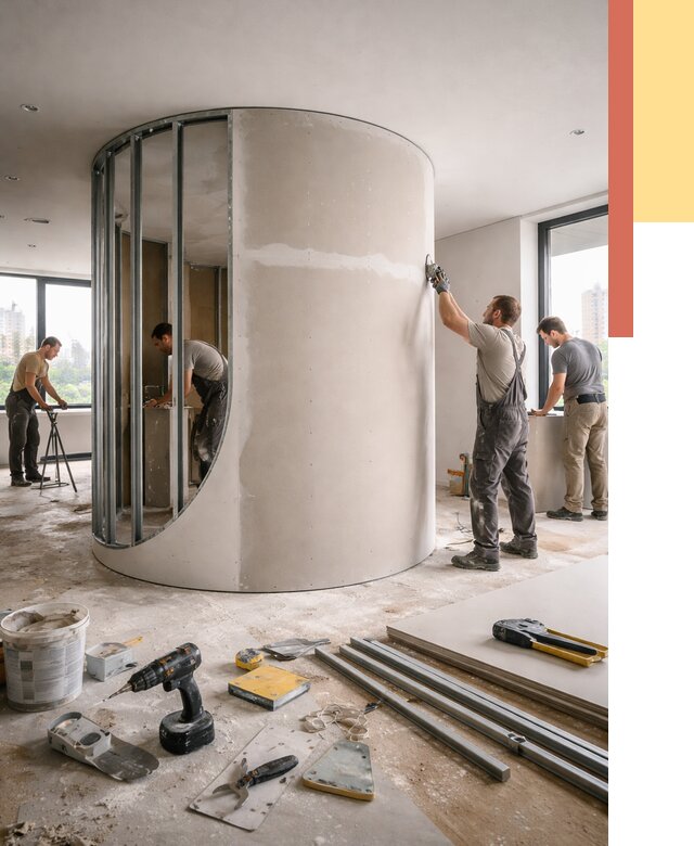 Радиусная перегородка из гипсокартона в Кунгуре от 2974 руб. под ключ | ОТДЕЛОЧНИК-Кнг