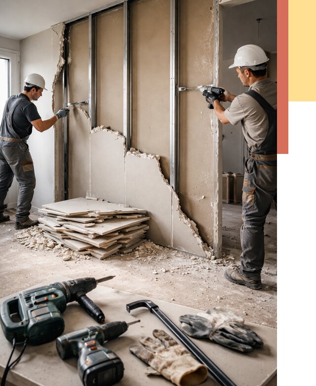 Демонтаж перегородки из гипсокартона в Кунгуре от 1231 руб. быстро и недорого | ОТДЕЛОЧНИК-Кнг