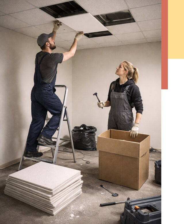 Демонтаж потолочной плитки в Кунгуре от 4615 руб. быстро и недорого | ОТДЕЛОЧНИК-Кнг