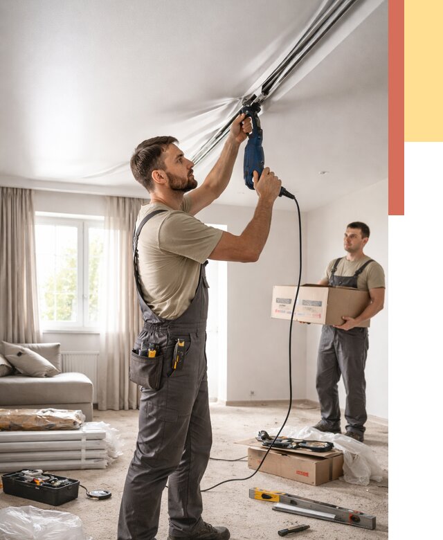 Монтаж сатинового натяжного потолка в Кунгуре от 3590 руб. | Быстро, недорого — ОТДЕЛОЧНИК-Кнг