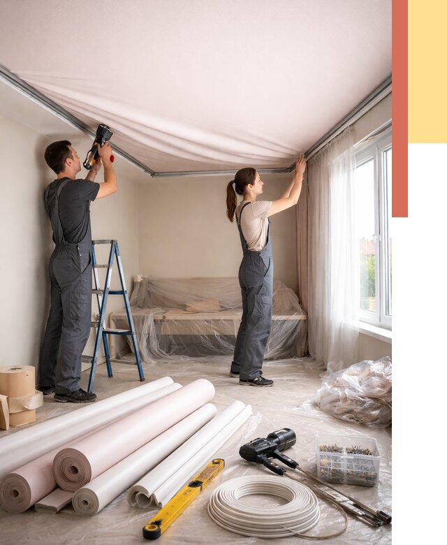 Монтаж цветного натяжного потолка в Кунгуре от 4308 руб/м² — быстро и недорого | ОТДЕЛОЧНИК-Кнг