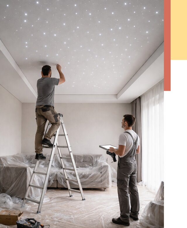 Монтаж натяжного потолка «звездное небо» в Кунгуре от 6666 руб. | ОТДЕЛОЧНИК-Кнг