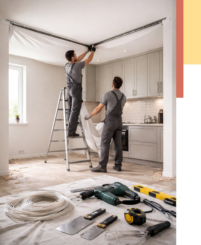 Установка натяжного потолка на кухне в Кунгуре от 2461 руб. | ОТДЕЛОЧНИК-Кнг