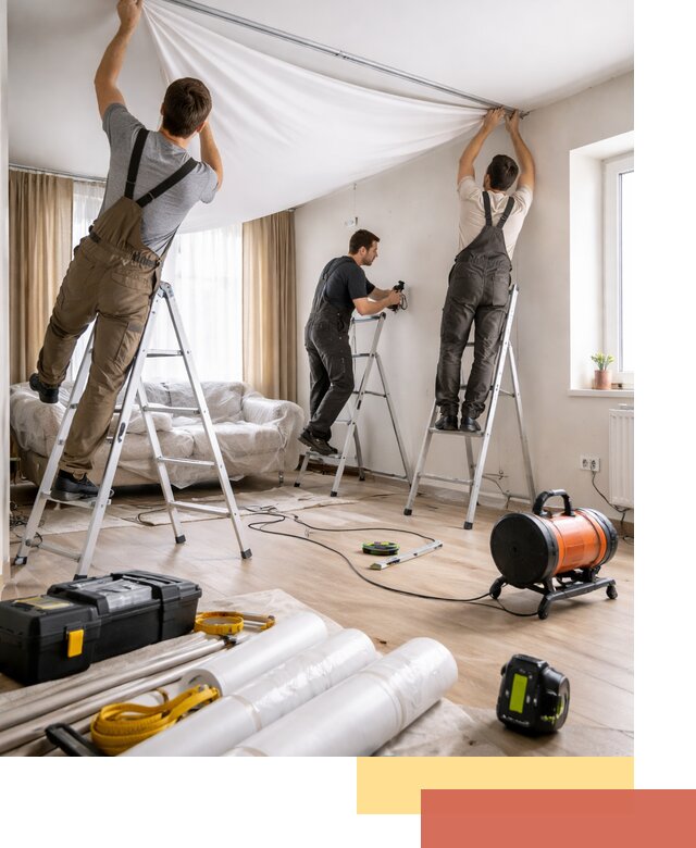 Монтаж натяжного потолка в гостиной в Кунгуре