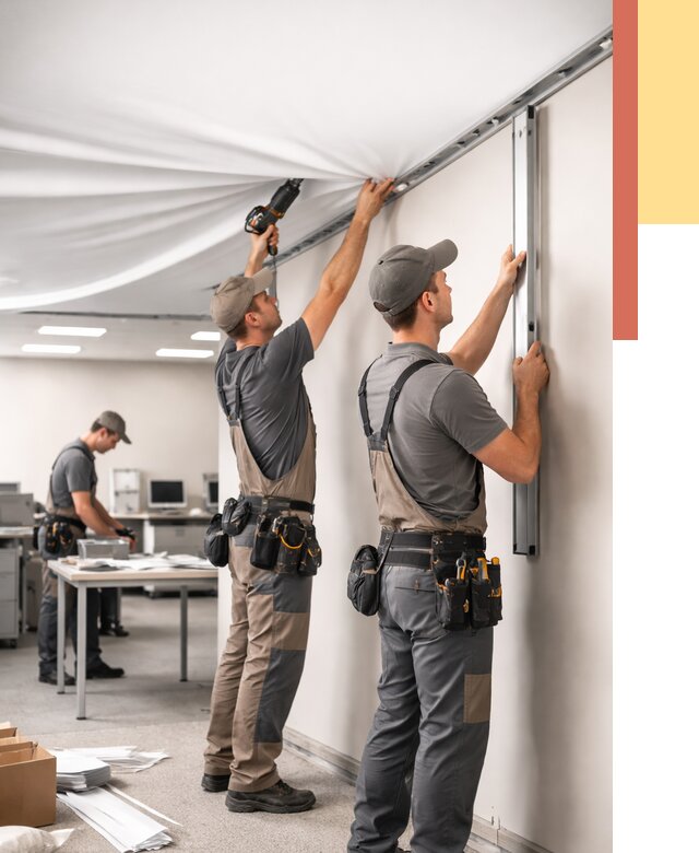 Монтаж натяжного потолка в офисе в Кунгуре от 462 руб/м² — быстро и недорого | ОТДЕЛОЧНИК-Кнг