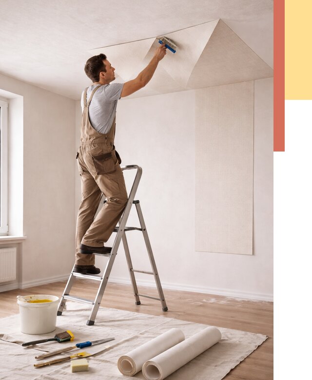 Поклейка обоев на потолок в Кунгуре от 4615 руб. быстро и недорого | ОТДЕЛОЧНИК-Кнг